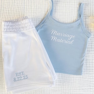 Custom Embroidered Bridal Lounge Set: Personalized Cotton Tank & Shorts, Light Blue Matching Outfit