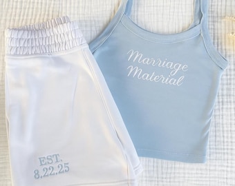 Custom Embroidered Bridal Lounge Set: Personalized Cotton Tank & Shorts, Light Blue Matching Outfit