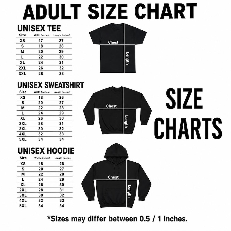 May include: An adult size chart featuring black text and illustrations on a white background. It displays measurement tables in inches for unisex tees, sweatshirts, and hoodies, including chest and length dimensions for sizes XS through 5XL.