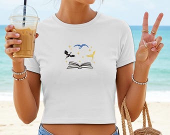 Embroidered Magic Book Baby Tee: Fantasy Dragon Crop Top