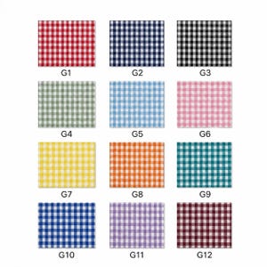 May include: A grid of twelve rectangular fabric swatches featuring a classic gingham check pattern in various colors, including red, navy, black, sage green, light blue, pink, yellow, orange, teal, royal blue, lavender, and maroon, labeled G1 to G12.