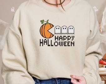 Moletom bordado de Halloween: gola redonda retrô Pixel Pumpkin Eat Ghost