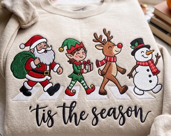 Tis The Season Embroidered Christmas Sweatshirt, Santa Elf Reindeer Snowman Crewneck, Holiday Character Crossing Shirt, Christmas Gift