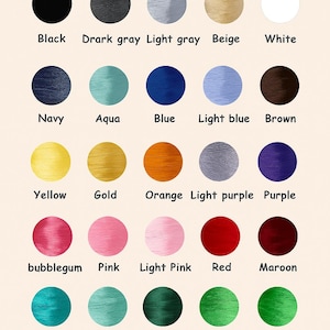 K&ouml;nnte beinhalten: Eine Farbkarte mit der Aufschrift "Color of thread" zeigt 24 Garnfarben. Zu den Farben geh&ouml;ren Schwarz, Grau, Blau, Gelb, Rosa, Gr&uuml;n und mehr. Jede Farbe wird durch einen Kreis mit dem Farbnamen darunter dargestellt.