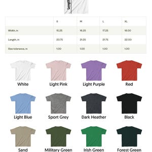 K&ouml;nnte beinhalten: Eine Farbtabelle f&uuml;r Baby-T-Shirts, die eine wei&szlig;e T-Shirt-Grafik mit Ma&szlig;en in Zoll zeigt. Die Tabelle zeigt verschiedene Farben, darunter Wei&szlig;, Rosa, Lila, Rot, Blau, Grau, Schwarz und Gr&uuml;n. Der Text "Baby Tee Colors Chart" steht oben.