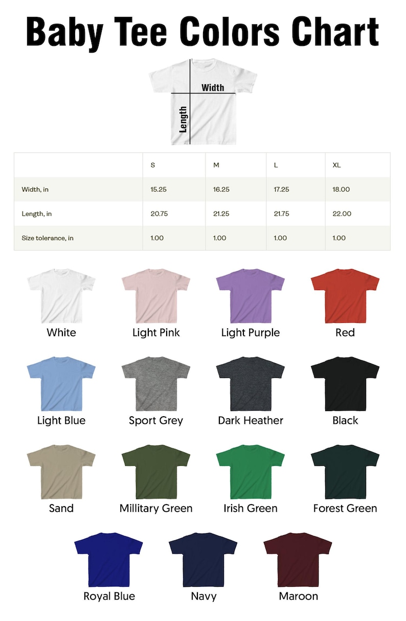 K&ouml;nnte beinhalten: Eine Farbtabelle f&uuml;r Baby-T-Shirts, die eine wei&szlig;e T-Shirt-Grafik mit Ma&szlig;en in Zoll zeigt. Die Tabelle zeigt verschiedene Farben, darunter Wei&szlig;, Rosa, Lila, Rot, Blau, Grau, Schwarz und Gr&uuml;n. Der Text "Baby Tee Colors Chart" steht oben.