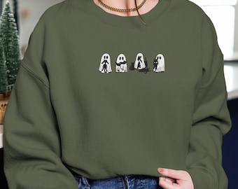 Ghost & Black Cat Embroidered Sweatshirt: Halloween Cozy Pullover