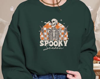 Spooky Season Embroidered Sweatshirt: Halloween Skeleton, Ghost Stitch