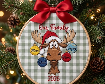 Personalized Reindeer Christmas Embroidered Hoop, Custom Family Embroidered Hoop, Christmas Ornament, Christmas Tree Meaningful Decor