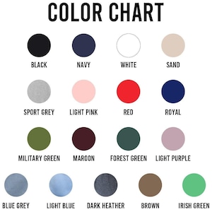 K&ouml;nnte beinhalten: Eine Farbkarte mit der &Uuml;berschrift "COLOR CHART" in fetter, schwarzer Schrift. Die Karte zeigt 16 Farbfelder, die jeweils mit einem Farbnamen beschriftet sind, darunter Schwarz, Marine, Wei&szlig;, Sand, Sportgrau, Hellrosa, Rot und Royal.