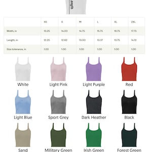 K&ouml;nnte beinhalten: Eine Farbtabelle f&uuml;r Tank-Crop-Tops mit Ma&szlig;en in Zoll. Die Tabelle zeigt verschiedene Farben, darunter Wei&szlig;, Hellrosa, Hellviolett, Rot, Hellblau, Sportgrau, Dunkelgrau, Schwarz, Sand, Milit&auml;rgr&uuml;n, Irischgr&uuml;n, Waldgr&uuml;n, K&ouml;nigsblau, Marine und Burgunderrot.