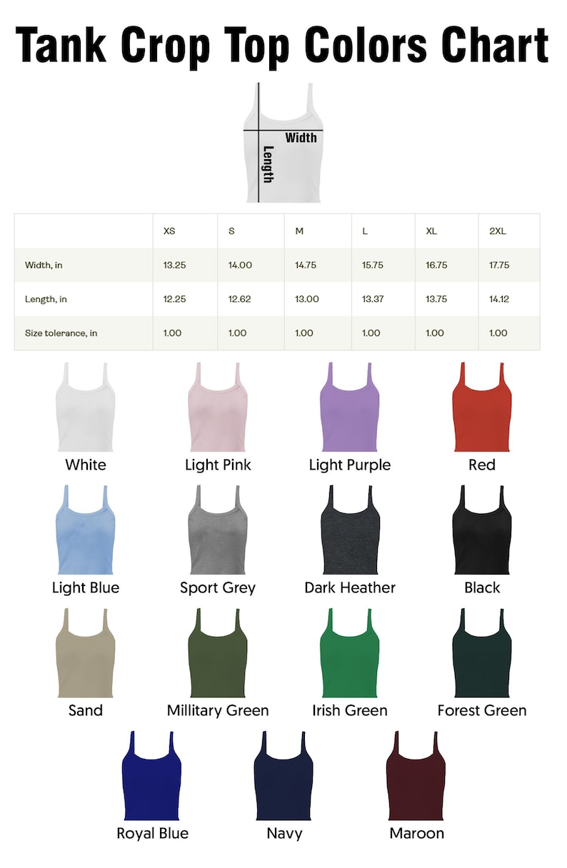 K&ouml;nnte beinhalten: Eine Farbtabelle f&uuml;r Tank-Crop-Tops mit Ma&szlig;en in Zoll. Die Tabelle zeigt verschiedene Farben, darunter Wei&szlig;, Hellrosa, Hellviolett, Rot, Hellblau, Sportgrau, Dunkelgrau, Schwarz, Sand, Milit&auml;rgr&uuml;n, Irischgr&uuml;n, Waldgr&uuml;n, K&ouml;nigsblau, Marine und Burgunderrot.