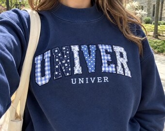 Embroidered Custom Varsity Applique Mockneck Sweatshirt, Personalized College Name Crewneck, Patchwork Embroidery Gift, Preppy Pullover
