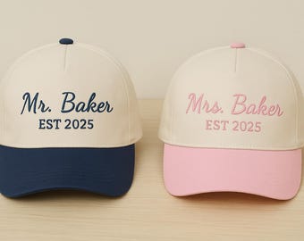 Custom Mr & Mrs Two-Tone Hats – Personalized Embroidered Baseball Caps for Couples, Wedding Gift, Anniversary Gift, Blue Bride Trucker Hat