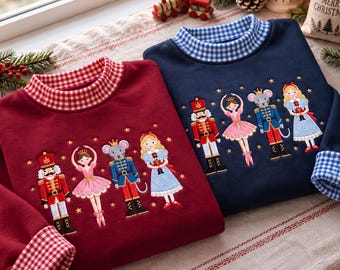Embroidered Nutcracker Gingham Mockneck Sweatshirt, Christmas Nutcracker Shirt, Holiday Sweatshirt, Christmas Gift