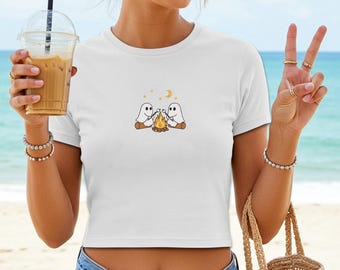 Ghost Campfire Embroidered Baby Tee - Spooky Halloween Crop Top