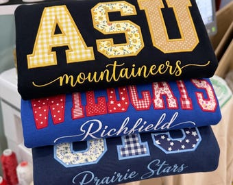 Embroidered Personalized Applique College Sweatshirt, Custom Floral Patchwork Varsity Crewneck, School Spirit Applique Pullover