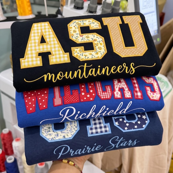 Embroidered Personalized Applique College Sweatshirt, Custom Floral Patchwork Varsity Crewneck, School Spirit Applique Pullover