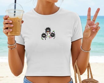 Soot Sprite Embroidered Baby Tee: Kawaii Anime Crop Top