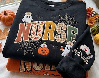 Halloween Nurse Gingham Applique Embroidered Sweatshirt, Ghost Nurse Crewneck, Spooky Fall Nursing Shirt, RN Gift