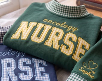 Embroidered Custom Oncology Nurse Mockneck Sweatshirt, Gingham Applique Nurse Crewneck, Personalized Nurse Sleeve Name Shirt, Oncology Gift