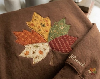 Retro Patchwork Fall Leaf Embroidered Sweatshirt, Cozy Autumn Pumpkin Crewneck, Cute Spooky Season Sweater, Fall Gift for Her