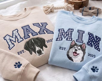 Embroidered Personalized Dog Portrait Crewneck, Personalized Applique Varsity Crewneck, Custom Dog Cat Name Tee, Pet Memorial Keepsake