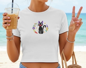 Embroidered Black Cat Baby Tee: Kawaii Witchy Crop Top
