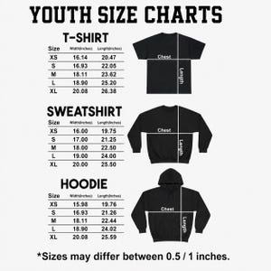 May include: A youth size chart featuring tables for t-shirts, sweatshirts, and hoodies with measurements in inches. Each section includes size labels from XS to XL, width, and length columns, alongside black silhouettes illustrating chest and length.