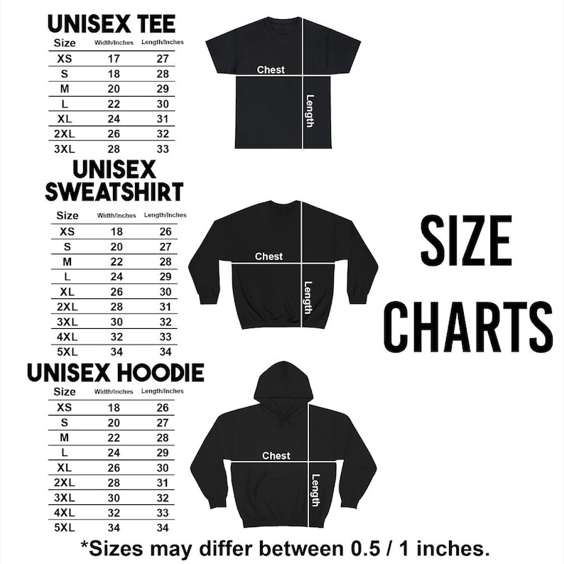 K&ouml;nnte beinhalten: Gr&ouml;&szlig;entabellen f&uuml;r Unisex-T-Shirts, Sweatshirts und Hoodies. Die Tabellen zeigen Brust- und L&auml;ngenma&szlig;e in Zentimetern f&uuml;r die Gr&ouml;&szlig;en XS bis 5XL. Das Bild enth&auml;lt schwarze T-Shirts, Sweatshirts und einen Hoodie.