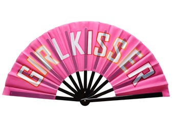 Girlkisser Pink Clack Fan Large Sapphic Pride Hand Fan Bold Lesbian Identity Gift Pink Folding Fan for Queer Raves Festivals & Pride Marches