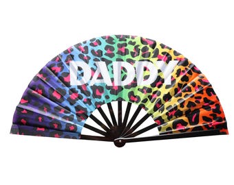 Daddy Leopard Pride Clack Fan Rainbow Cheetah Print Hand Fan Gay Daddy Gift Party Accessory, Large Folding Fan for Raves & Drag Queens