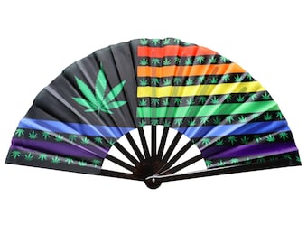 Progress Pride Weed Fan Cannabis Leaf Rainbow Hand Fan 420 Friendly Pride Festival Accessory Marijuana Leaf Large Folding Fan Stoner Gay