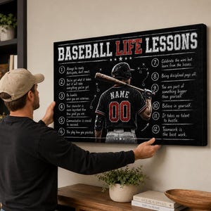 May include: A rectangular canvas wall art piece titled BASEBALL LIFE LESSONS, featuring a black chalkboard-style background with white text listing twelve life lessons and a central illustration of a baseball player wearing a jersey with the number 00.