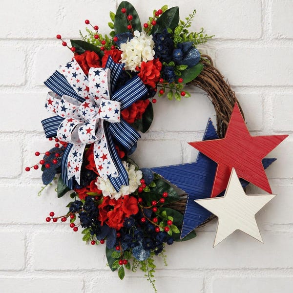Patriotic Grapevine Wreath, Red White Blue Floral, Wood Stars, Americana Farmhouse Décor
