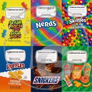 May include: A collection of composition notebooks with colorful designs. The notebooks feature popular candy and snack brands like Sour Patch Kids, Nerds, Skittles, Ruffles, and Snickers. Each notebook is 9 x 7 ½ inches (24.7 x 19.0 cm) with 100 sheets.