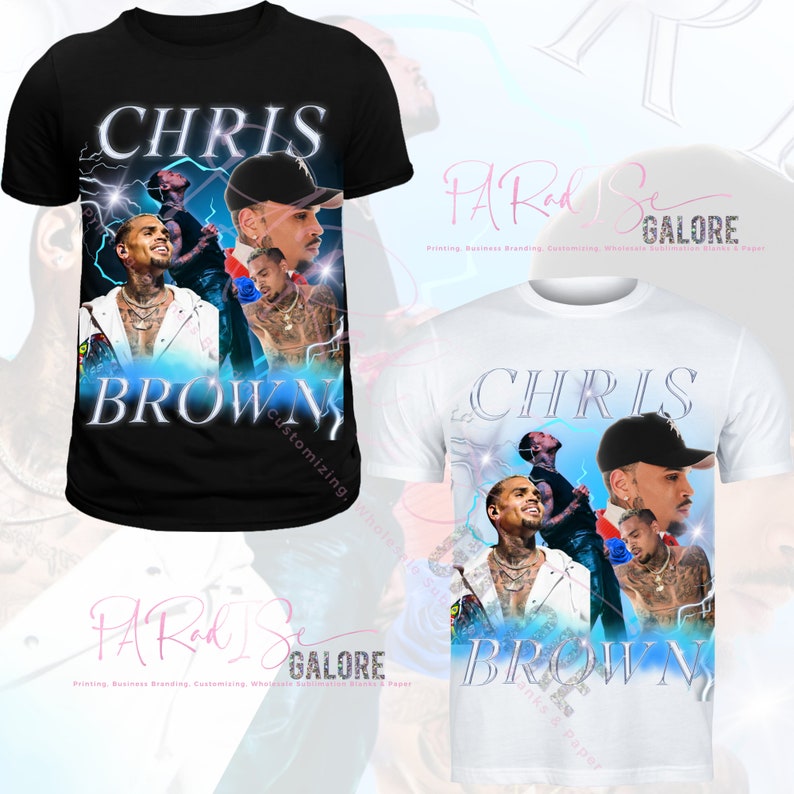 May include: Black and white t-shirt with a collage of images of Chris Brown. The text "CHRIS BROWN" is printed in blue and white on the shirt.