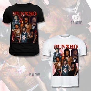 May include: Two t-shirts with a collage of images of a group of people. The t-shirts are black and white. The text "HUNXHO" is printed in red on both shirts.