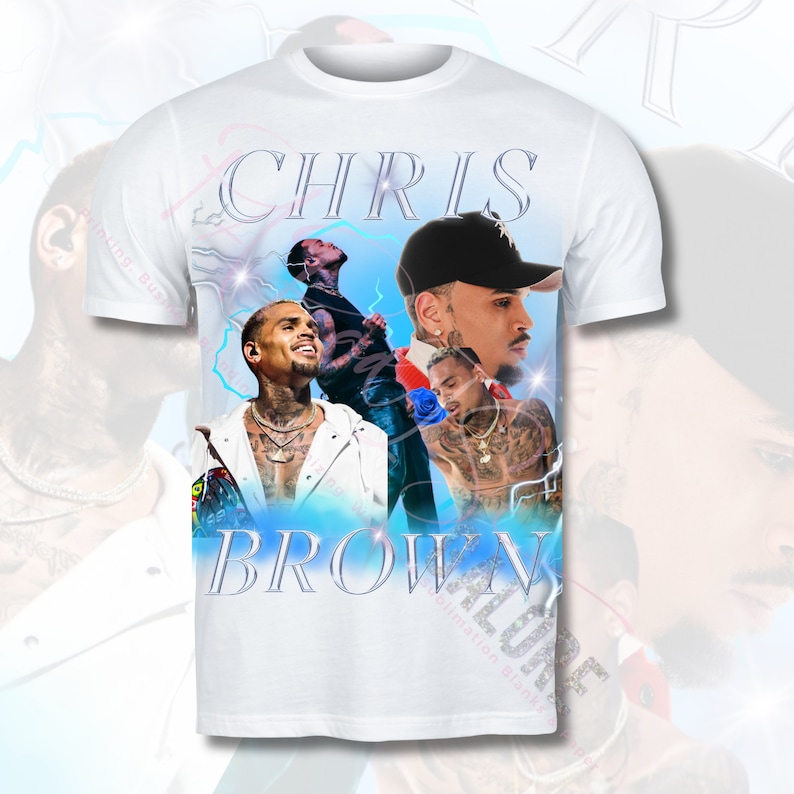 May include: White t-shirt with a blue and white graphic print of Chris Brown. The graphic features multiple images of Chris Brown in different poses. The text "CHRIS BROWN" is printed in large, bold letters across the front of the shirt.