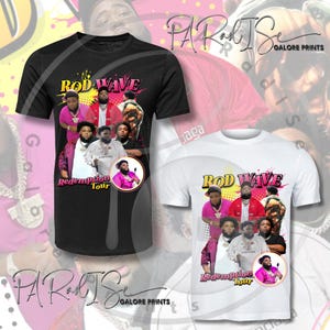 May include: Black and white t-shirts featuring a graphic of Rod Wave and the text "ROD WAVE Redemption Tour." The shirts have a crew neck and short sleeves. The image includes the text "GALORE PRINTS."