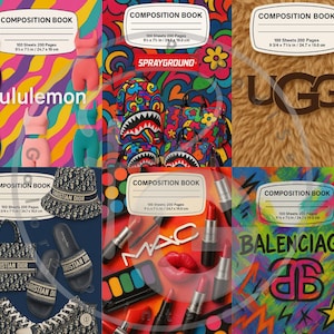 May include: A collection of composition notebooks featuring various brand designs. Notebooks include "lululemon", "SPRAYGROUND", "UGG", "CHRISTIAN DIOR", "MAC", and "BALENCIAGA". Each notebook has 100 sheets and measures approximately 9 x 7 inches.