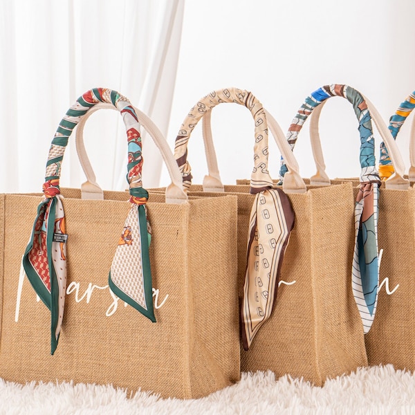 Personalized Tote Bags for Women, Bridesmaid Bag with Scarf, Bridesmaid Gifts, Bachelorette Party Gifts, Girls Trip Gift, Bridal Party Gifts