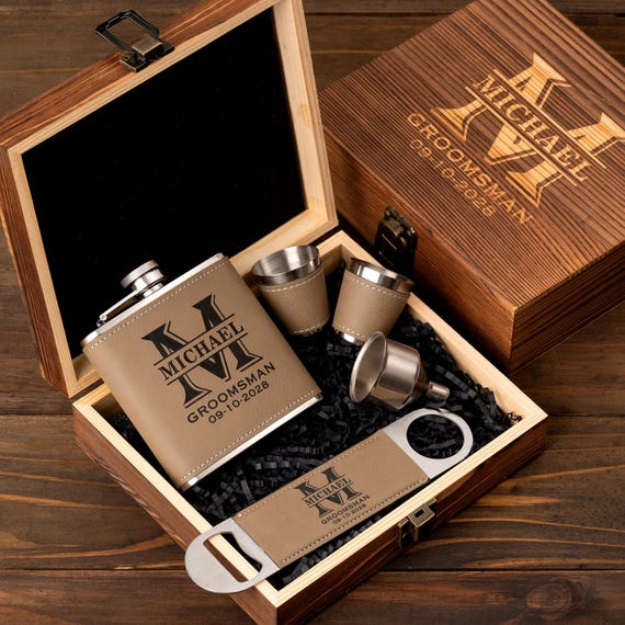 Groomsmen Flask Gift Set, Personalized Wooden Box With Flask and