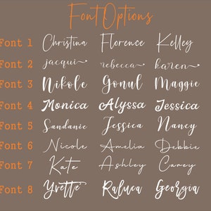 May include: A chart with eight different font styles, each with three names written in the font. The font styles are labeled "Font 1" through "Font 8".