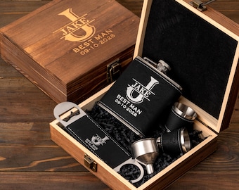 Custom Flask Gift Set, Engraved Wooden Gift Box with Flask and Shot Glasses, Groomsmen Gift, Whiskey Gift, Gift for Men, Gift for Him