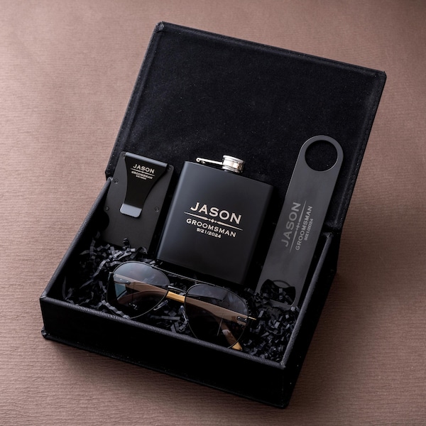 Gepersonaliseerde lederen doos cadeauset, fles, flesopener, zonnebril, kaarthouder cadeauset, cadeaus bruidsjonkers, getuige cadeau, cadeau voor papa