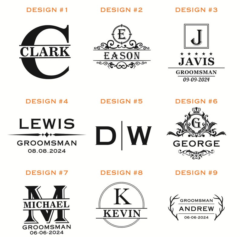 May include: Nine designs for personalised groomsmen gifts. Each design features a name or initials, with dates and the word "Groomsman" included in some. The designs are in black and white.