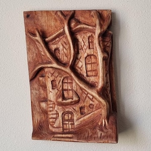 Hand-Carved Wooden House Relief Wall Art - Rustic Home Decor, Unique Vintage Wood Sculpture, Perfect Gift for Art Lovers!