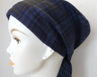 Classic Navy Plaid Chemo Cancer Hairloss 100% Cotton Scarf Turban Hat Headwrap