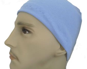 Men's Light Blue Skull Cap Bike Hat Knit Running CPAP Sleep Cap Cotton Blend